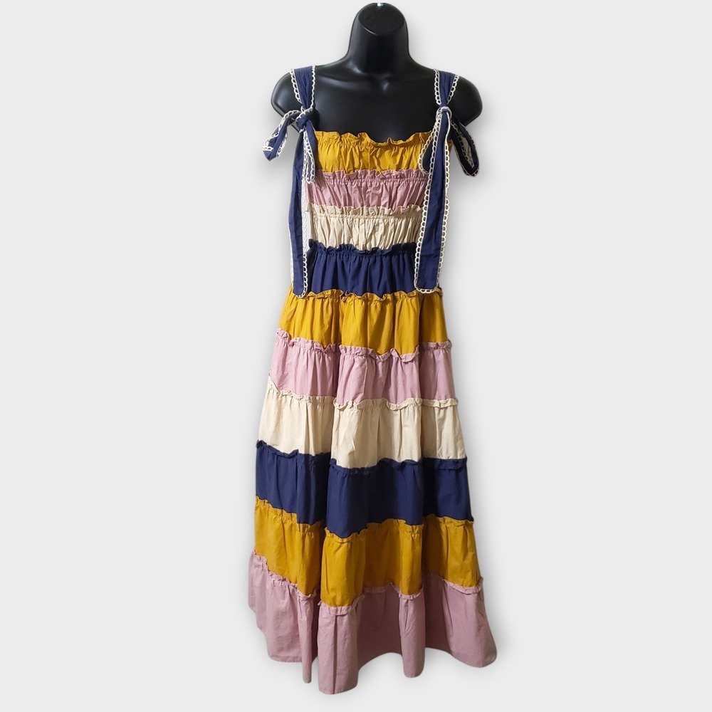 Moodie XS Tiered Ruffle Colorblock Maxi Dress Pink Yellow Navy White Tie Strap